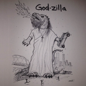 Animals, Religion, TV &amp; Movies, god, godzilla, monster, pun